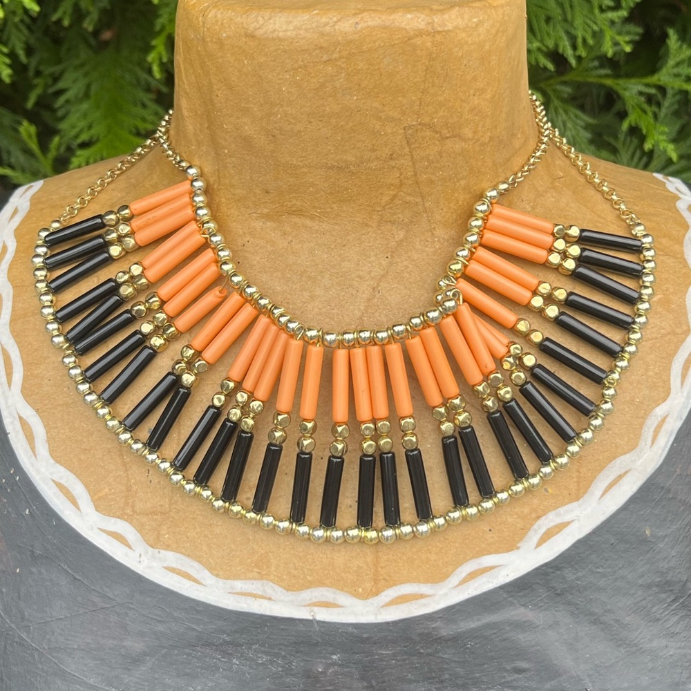 Vintage; Gold, Black&Orange Long Beaded Necklace; Gold Tone Chain; NWOT; 17-20in